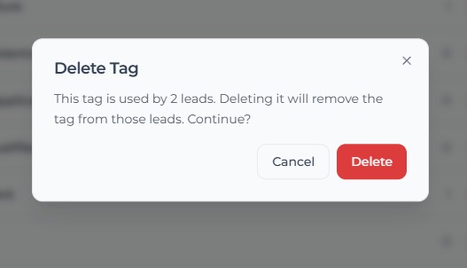 Delete Tag confirmation dialog for a tag used by active leads