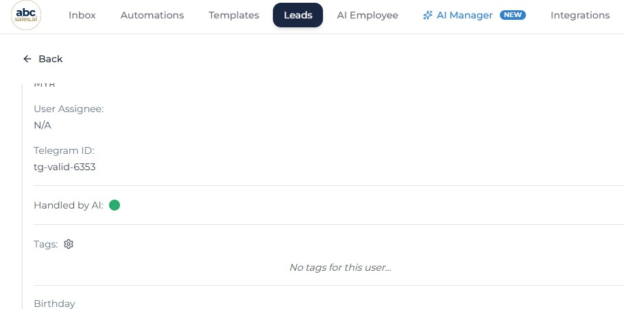 Tags section on a lead profile in the Leads page
