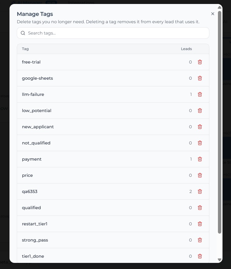 Manage Tags dialog with tag names, lead counts, and delete buttons