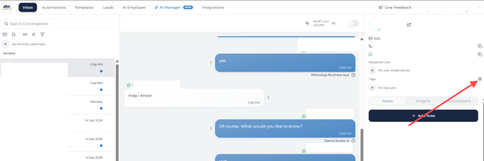Tag management option in the lead details panel