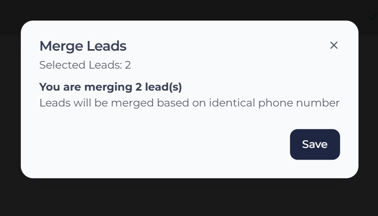 Merge Leads confirmation dialog showing two selected leads