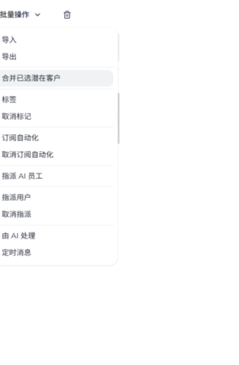 潜在客户页面的批量操作菜单中显示合并已选潜在客户选项