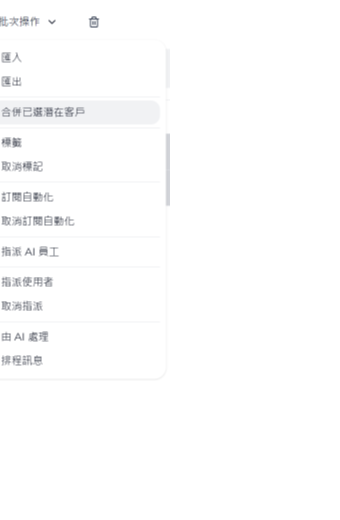 潛在客戶頁面的批次操作選單中顯示合併已選潛在客戶選項
