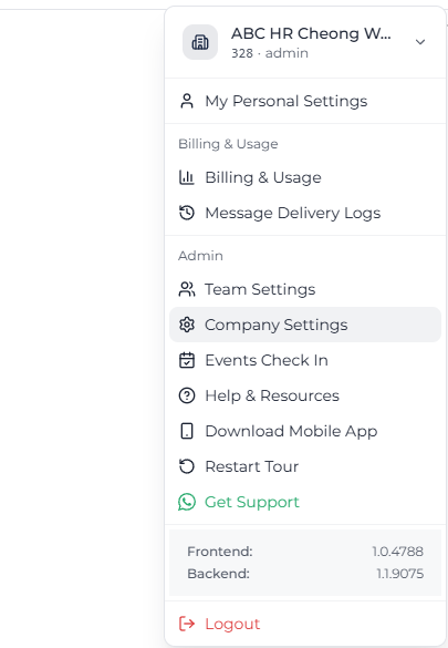 Company Settings menu
