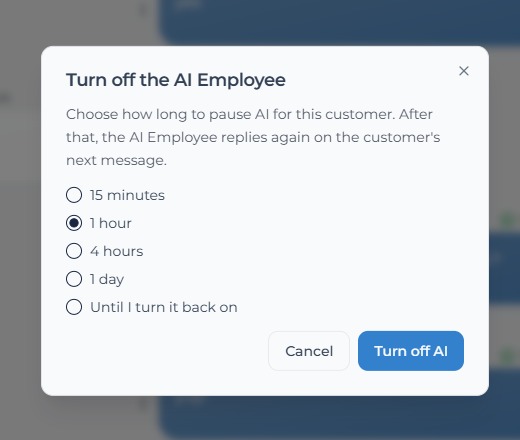 Turn off the AI Employee pause options