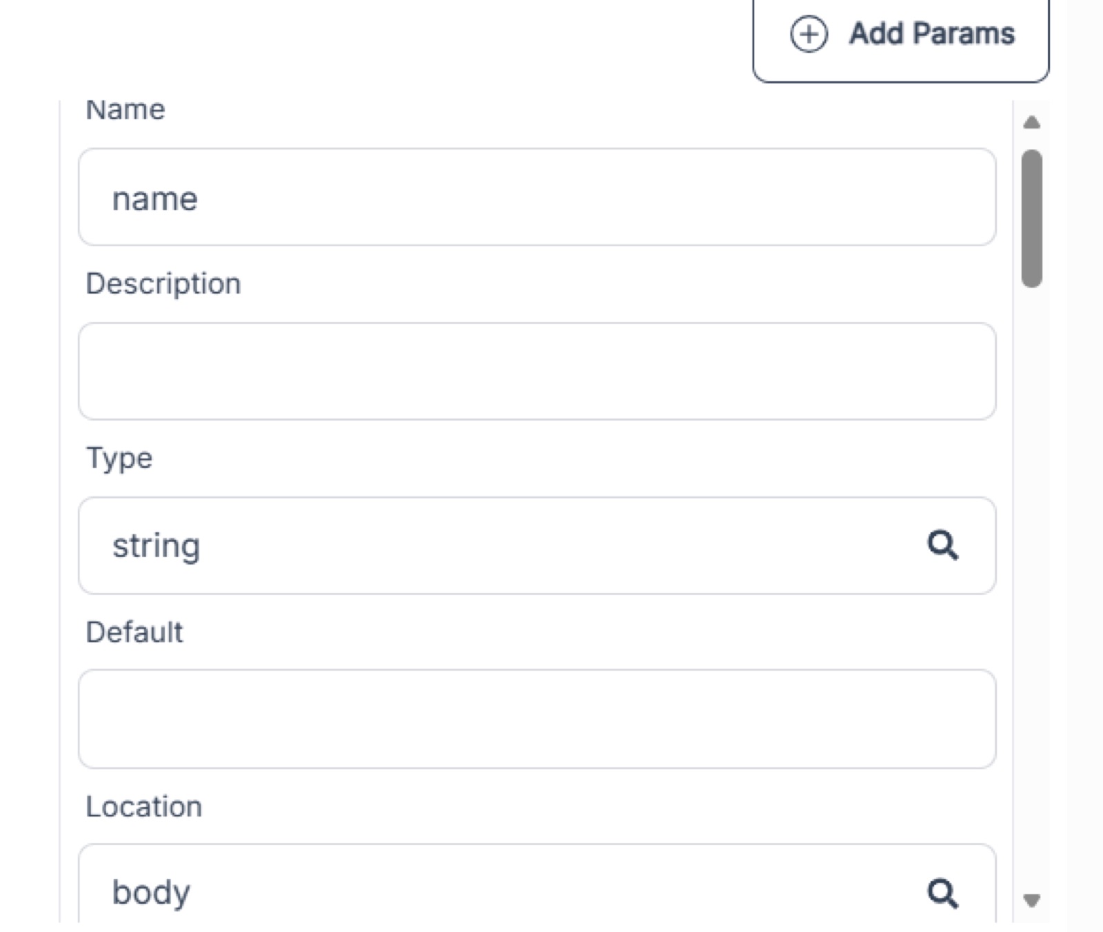 Adding a parameter named "name" with Type string and Location body in the custom tool