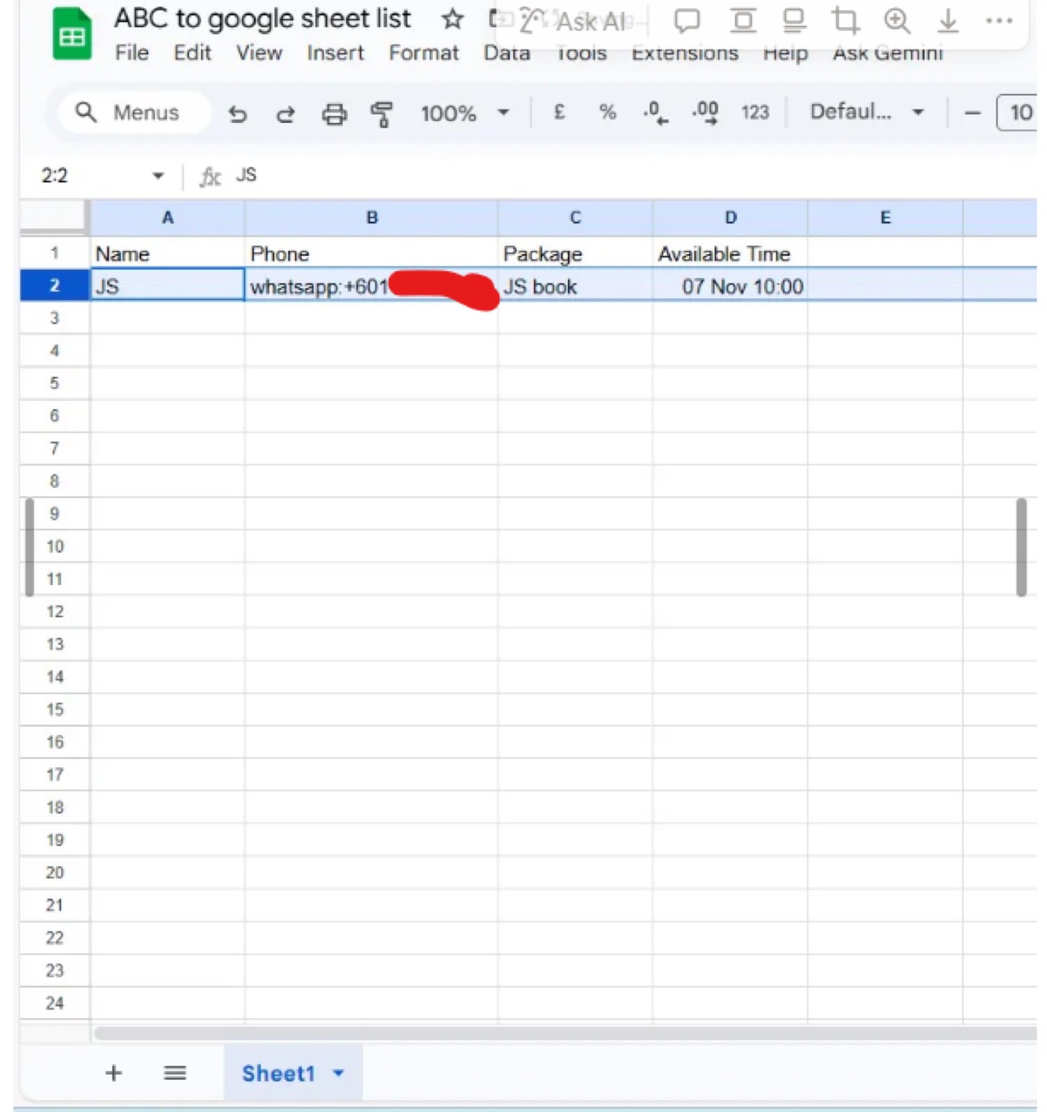 A Google Sheet with Name, Phone, Package, and Available Time headers in Row 1 and a captured lead in Row 2