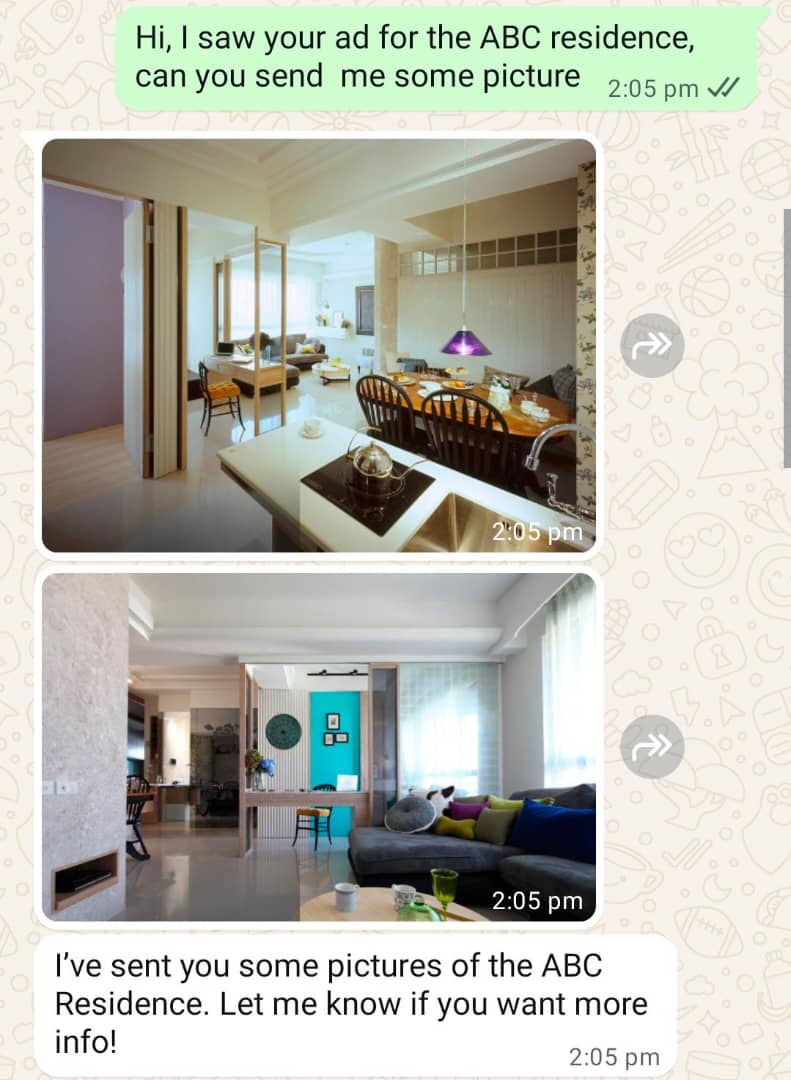 WhatsApp chat where the AI instantly sends property photos after the customer asks for pictures