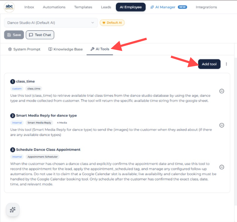 AI Employee AI Tools tab with the Add tool button highlighted