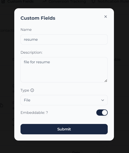 Custom Fields form with a File type field for storing resumes