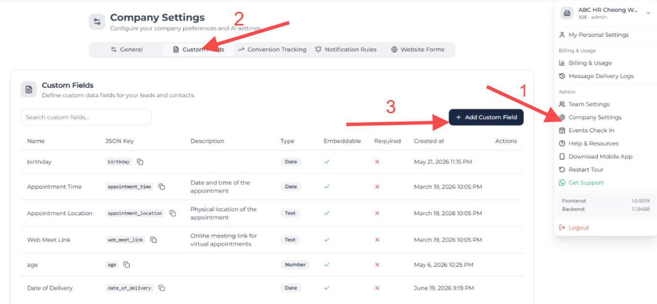 Company Settings Custom Fields page with Company Settings, Custom Fields, and Add Custom Field highlighted