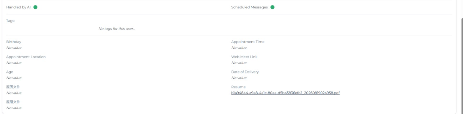 Lead profile showing a saved Resume file in a File custom field