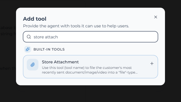 Add tool dialog with Store Attachment selected