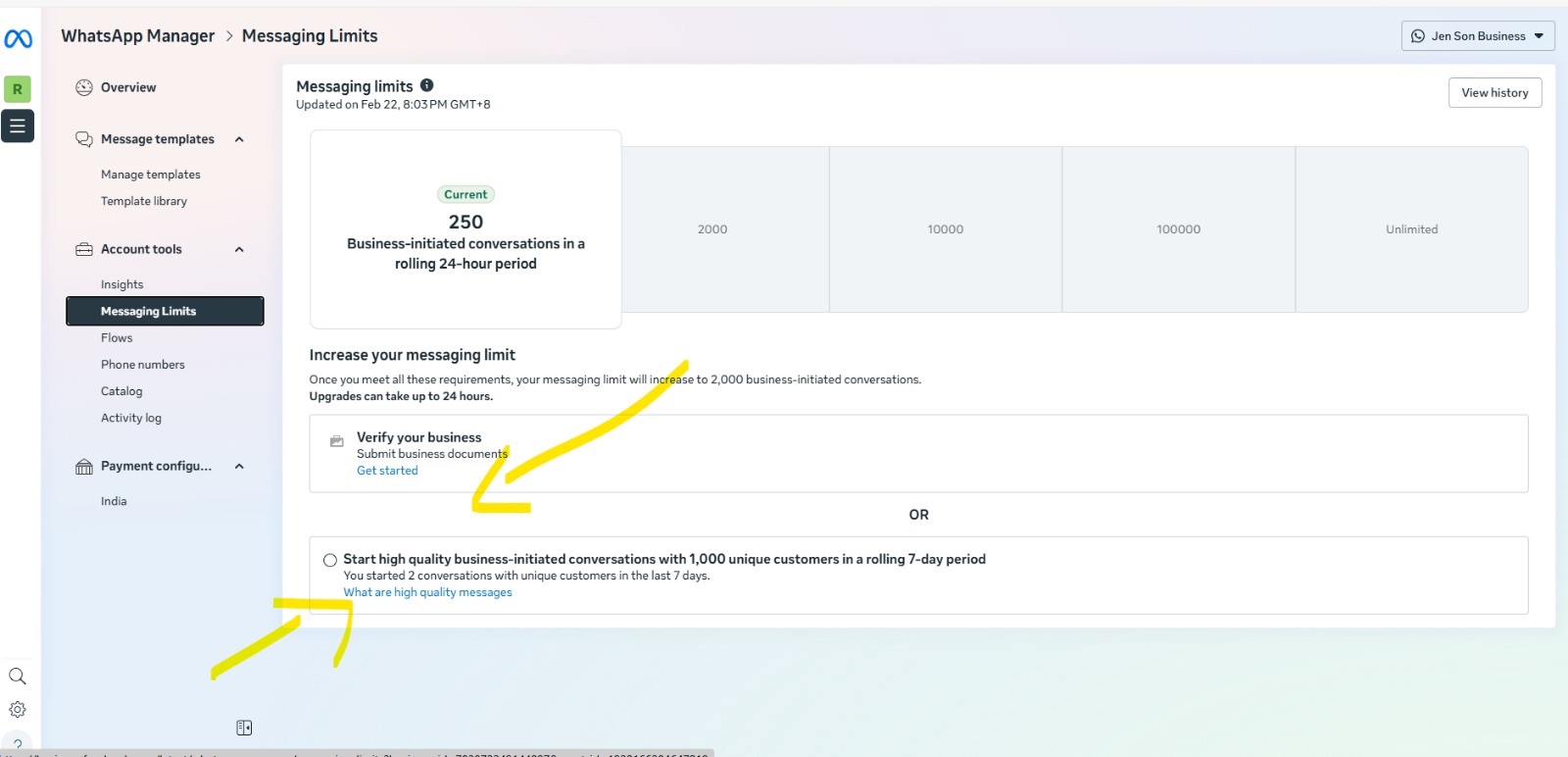 WhatsApp Manager 訊息限制頁面,顯示目前層級