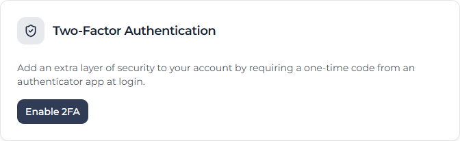 Security 页面中的 Two-Factor Authentication 卡片，显示 Enable 2FA 按钮