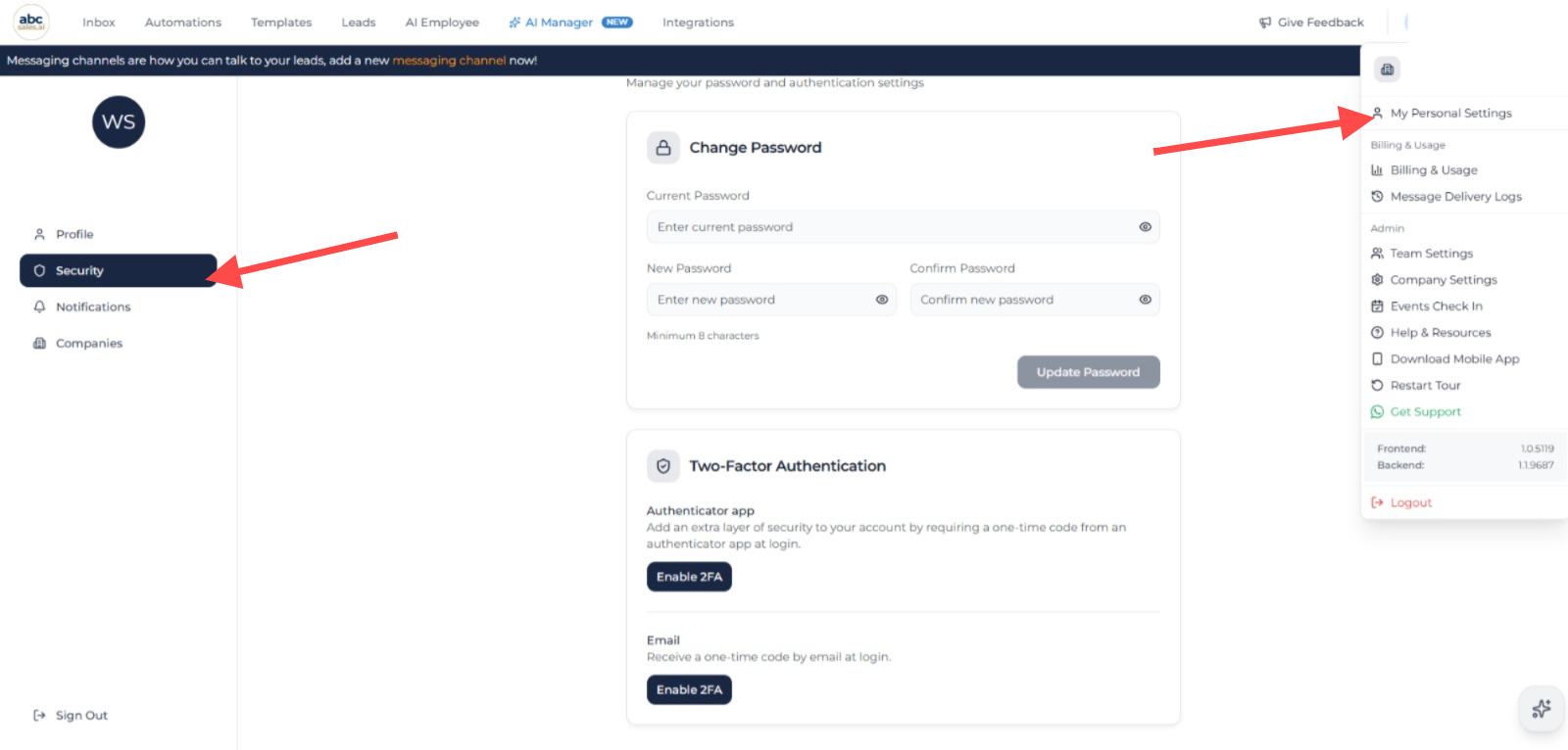 My Personal Settings 菜单和 Security 页面，显示 Authenticator app 与 Email 两种验证选项