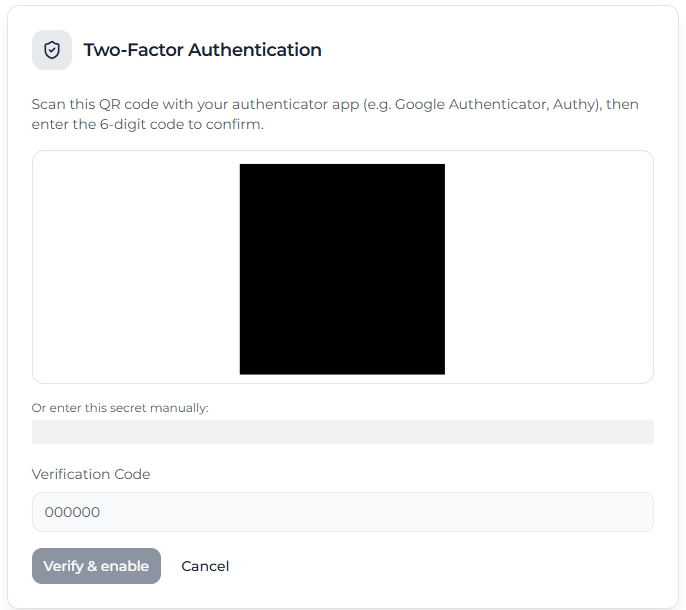 Two-Factor Authentication 设置画面，包含已隐藏的二维码、验证码输入框和 Verify & enable 按钮