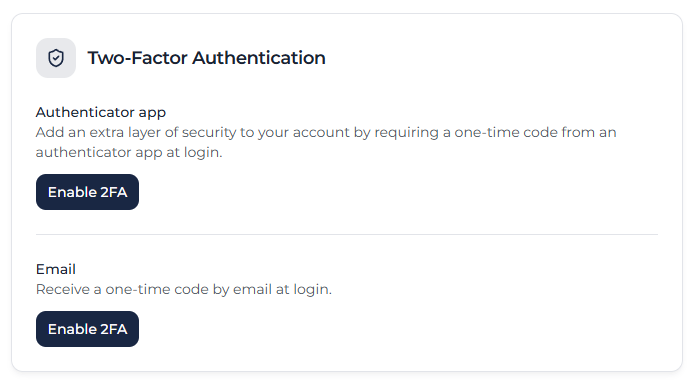 Two-Factor Authentication 设置，显示 Authenticator app 与 Email 两种验证选项