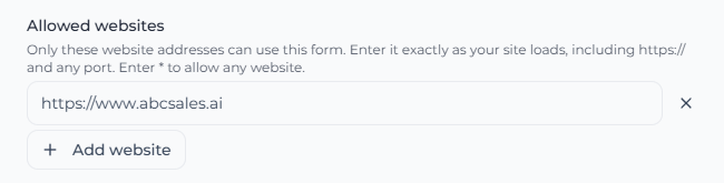 Allowed websites section showing the website origin and Add website button