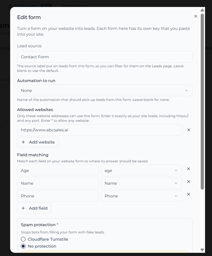 Website form setup dialog showing lead source, automation, allowed websites, field matching, and spam protection
