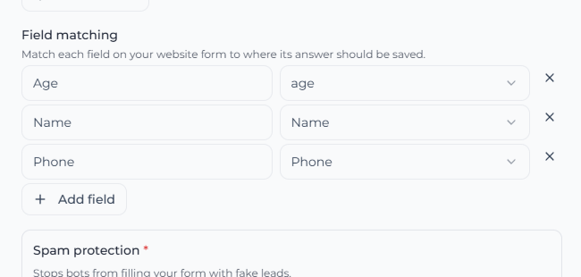 Field matching section showing website fields matched to ABC Sales AI lead fields