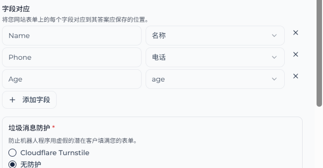 字段对应区域,显示网站字段如何对应到 ABC Sales AI 潜在客户字段