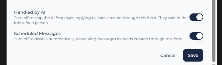 Website form settings showing Handled by AI, Scheduled Messages, and Save