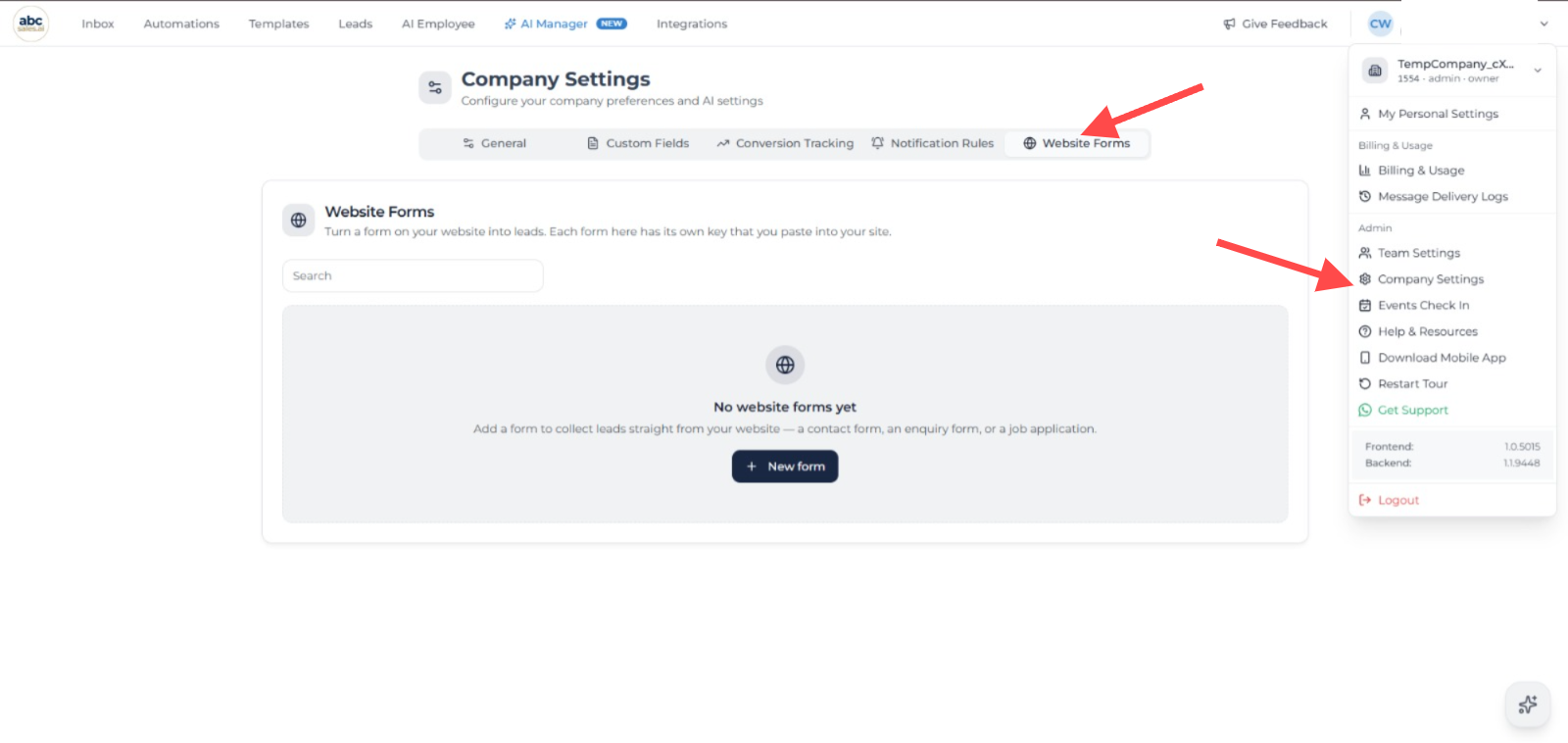 Company Settings Website Forms tab with Company Settings, Website Forms, and New form highlighted
