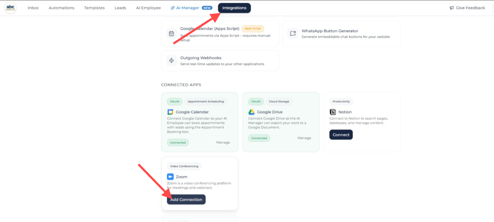 Integrations page showing where to connect Zoom in ABC Sales AI