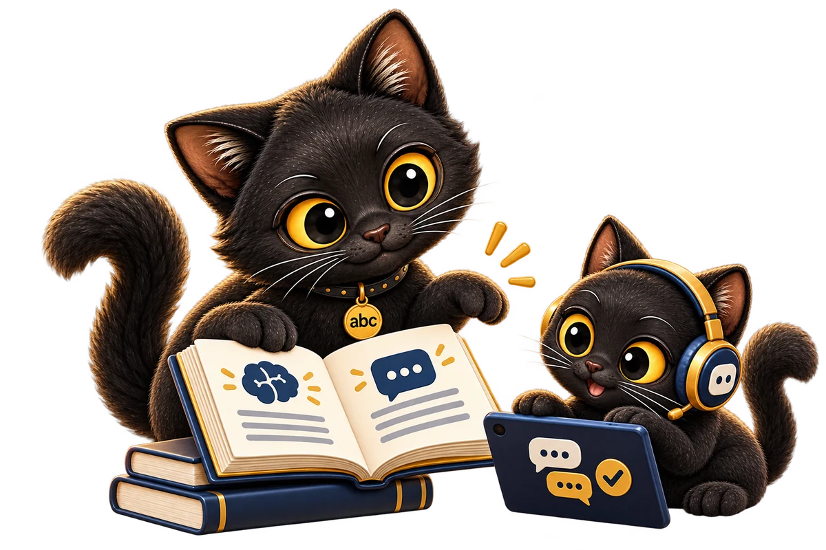 Kong Ming coaches a headset-wearing AI employee kitten using a knowledge book and a tablet for testing replies.