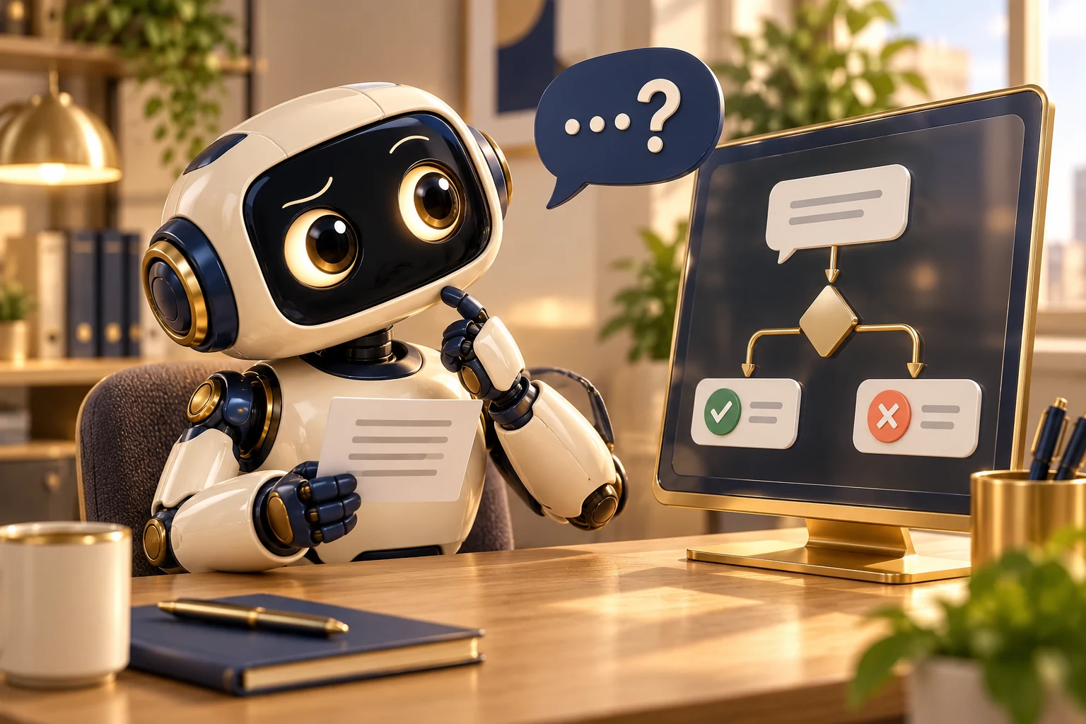 A puzzled flow bot follows a fixed branching script.