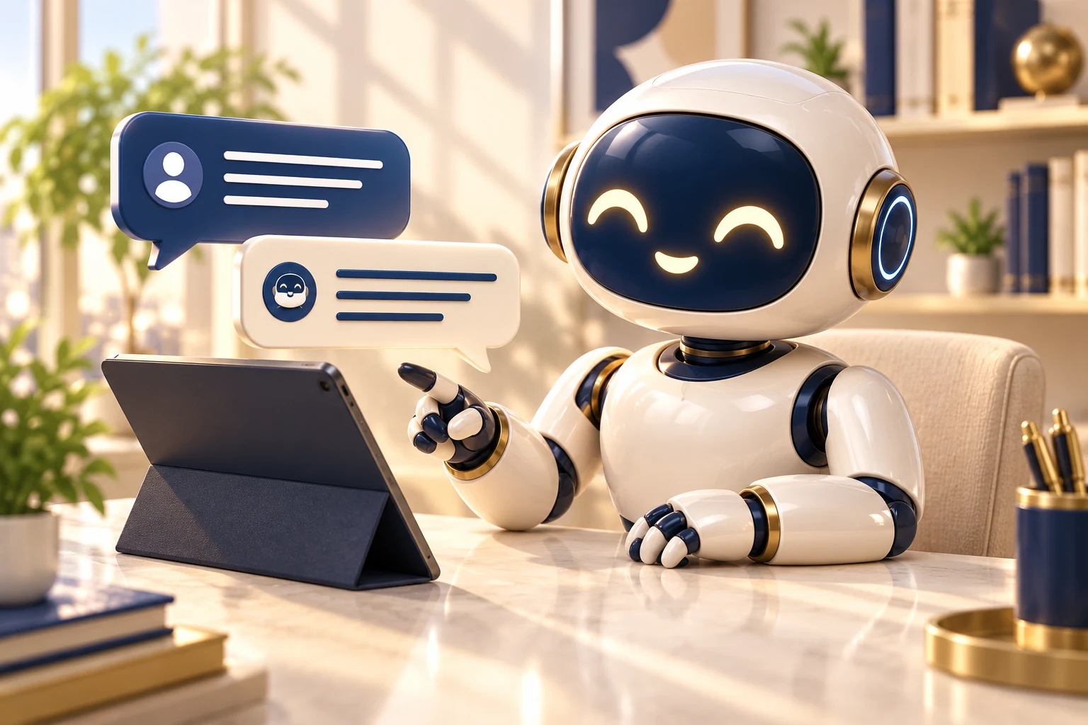A generic chatbot answers a question on a tablet.