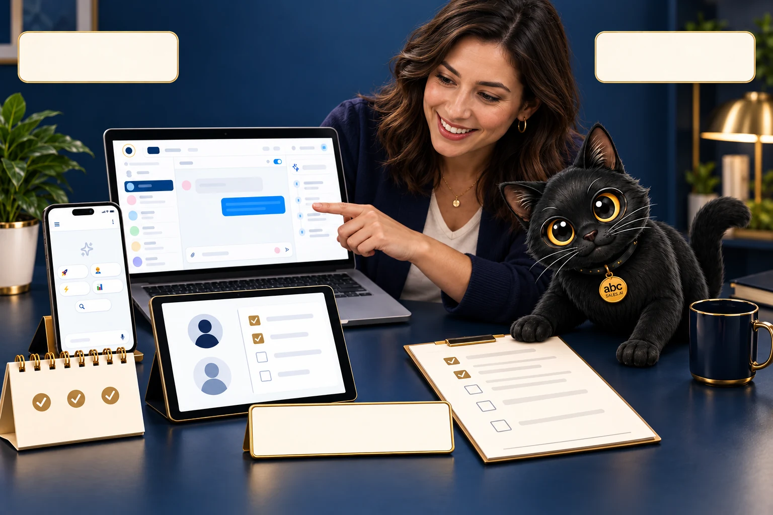 A human AI Solution Expert guides a setup session beside Kong Ming, with the ABC Sales AI platform and annual credits in the illustrated Guided Launch kit.