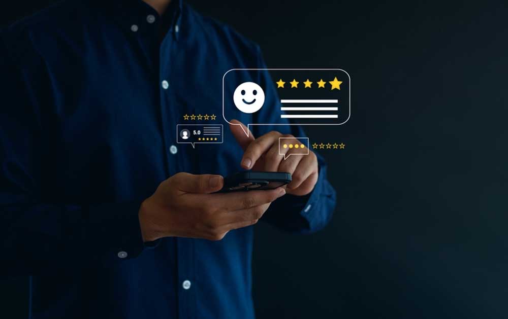 Mobile phone showing positive metrics and reviews