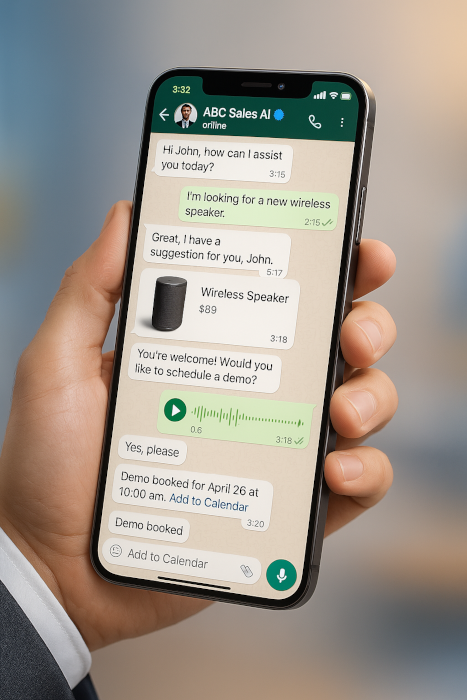 WhatsApp business messaging interface showing AI-powered sales conversations with customers