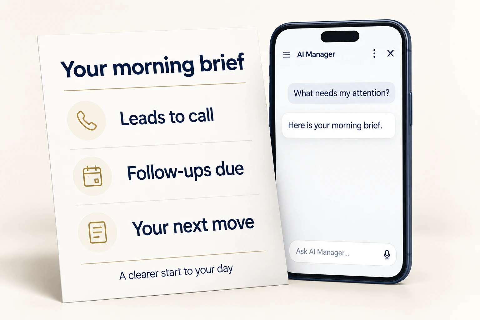 Illustrative AI Manager morning brief showing leads to call, follow-ups due and the next move for your team