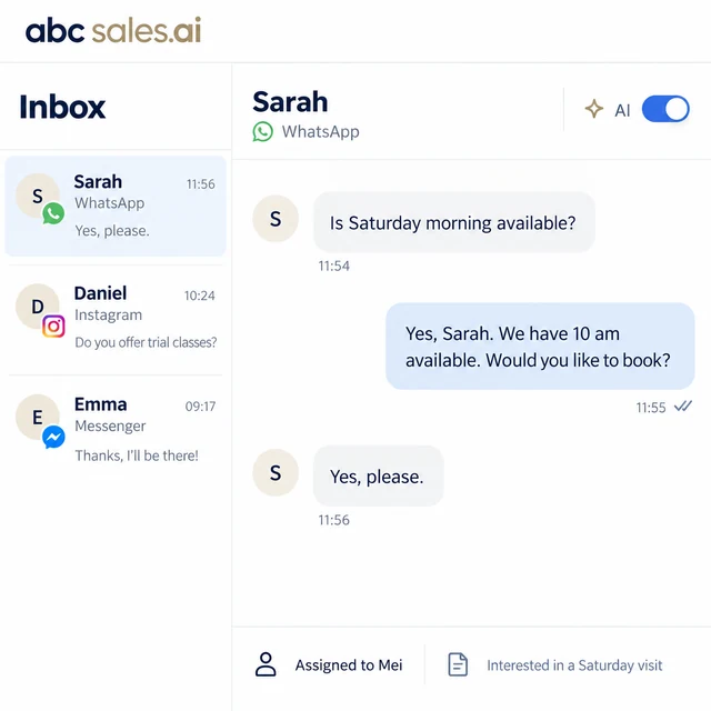 Illustrative ABC shared inbox with WhatsApp, Instagram and Messenger conversations, a booking chat with Sarah, a team owner and the AI reply switch.