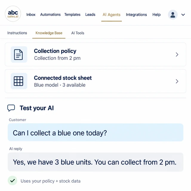 Illustrative ABC AI Agents screen using a collection policy and connected stock data to answer whether a customer can collect a blue model today.