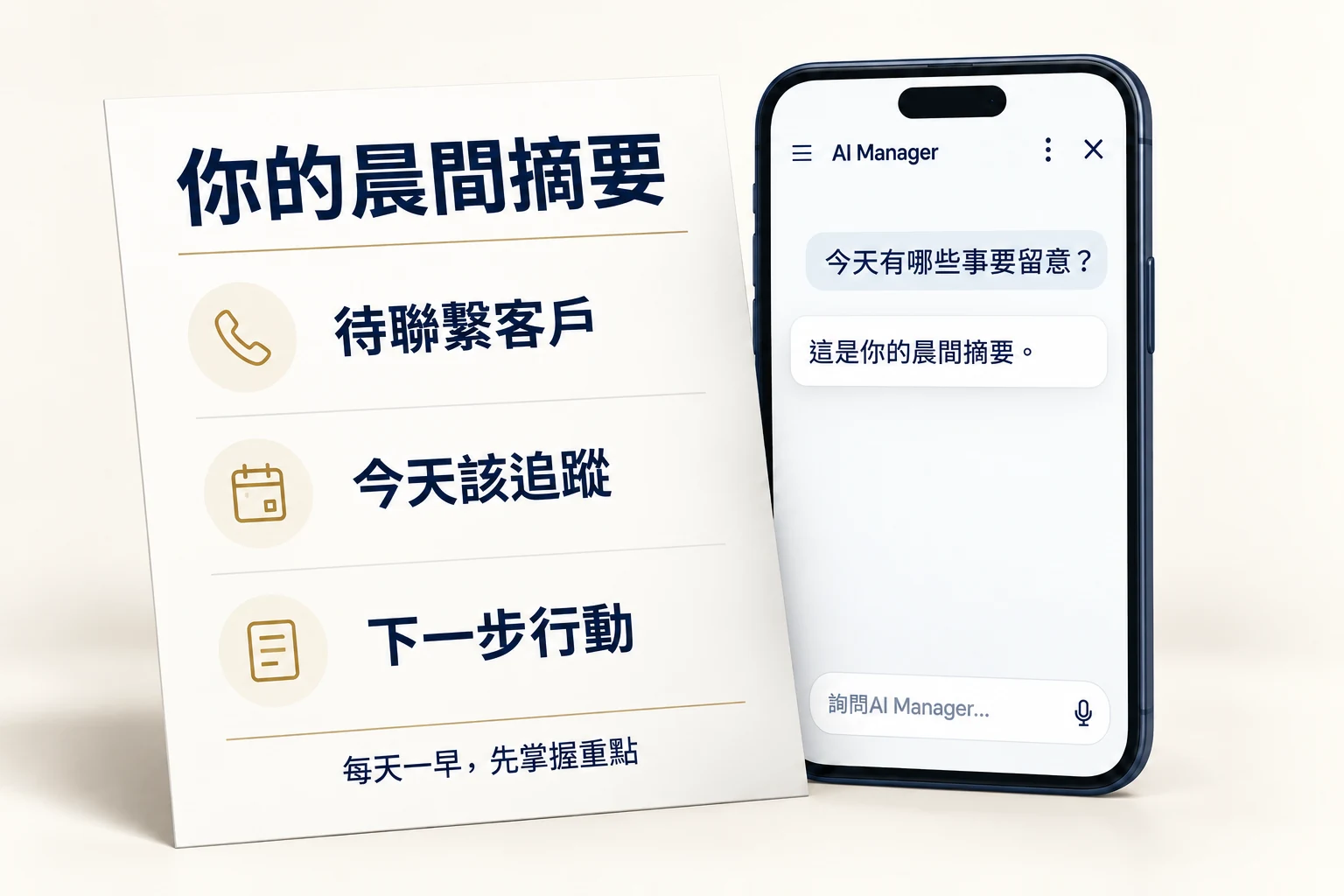 AI 經理晨間摘要示意,列出待聯繫客戶、到期追蹤與團隊接下來的行動